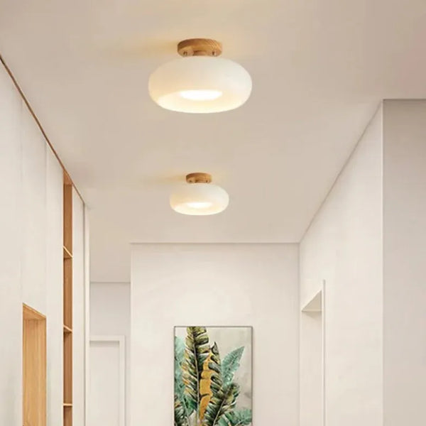Glas Schirm Holz Rund Deckenleuchte Modern Flur