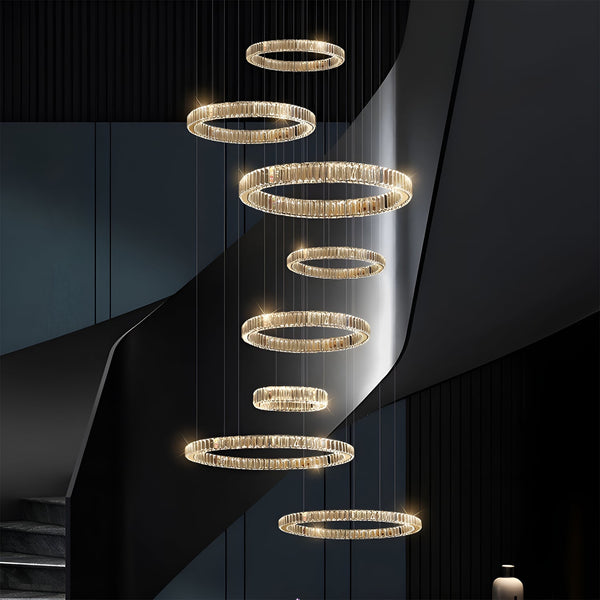 8 Ring Flammig 400CM Höhe Höhenverstellbar Kristall Kronleuchter Gold